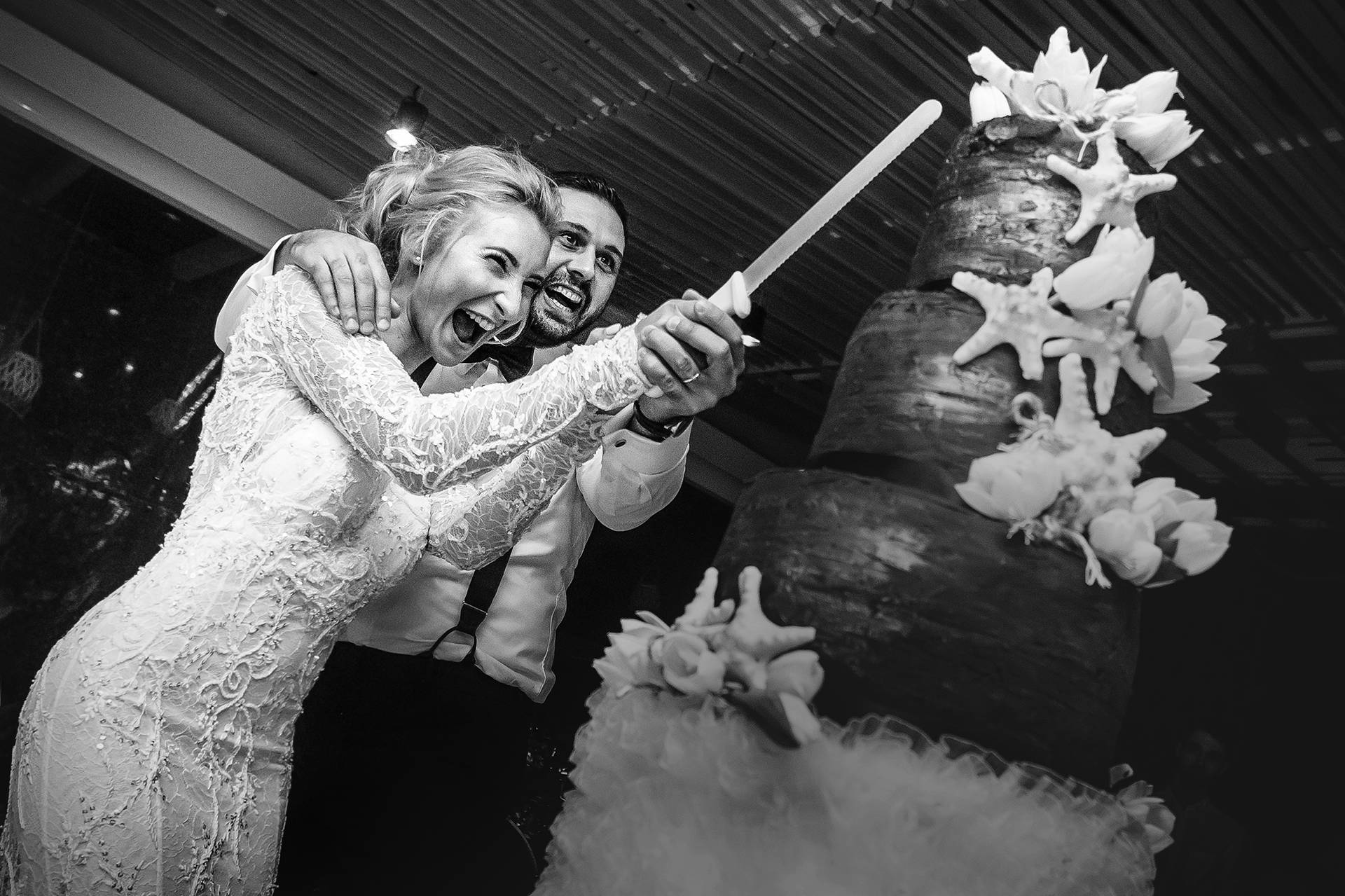 Tort și bucurie – fotograf nuntă Transilvania Mirii taie tortul de nuntă impresionant, zâmbind și bucuroși